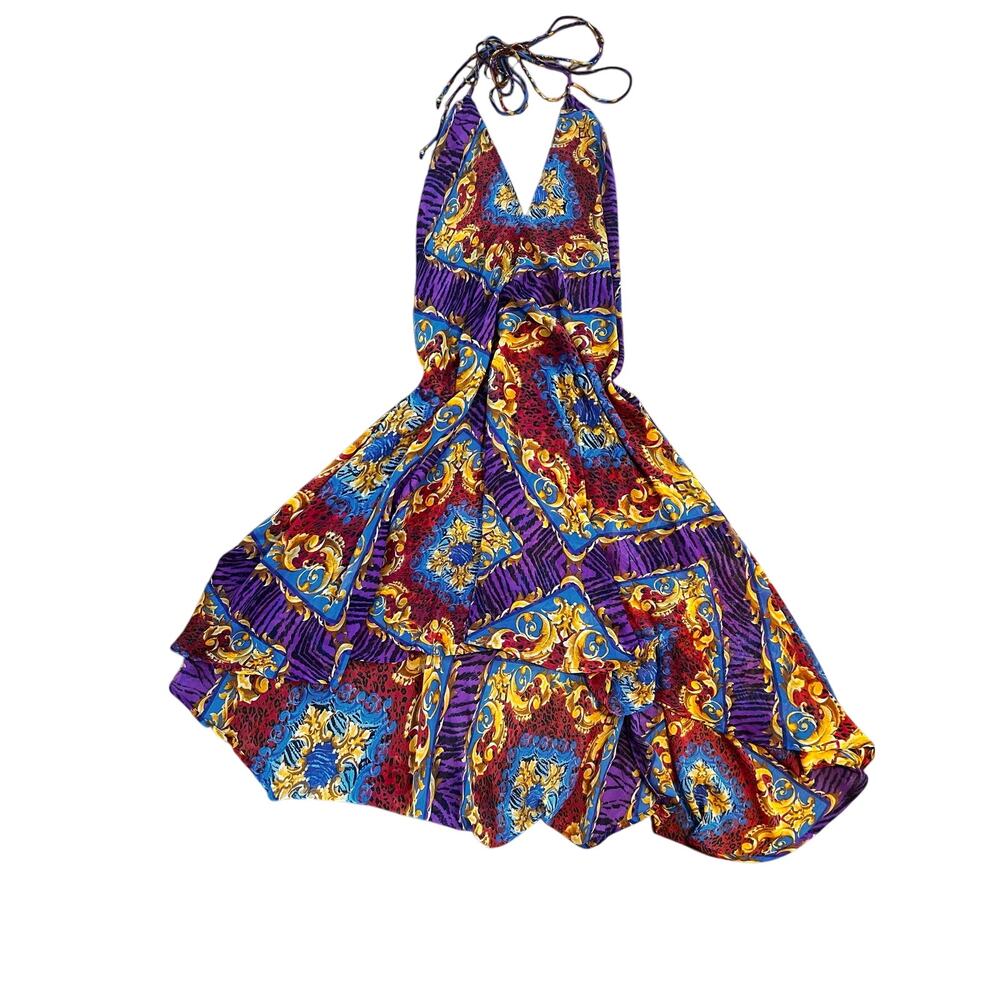 Halter Maxi Dress in Purple & Blue - Vibrant Pattern
